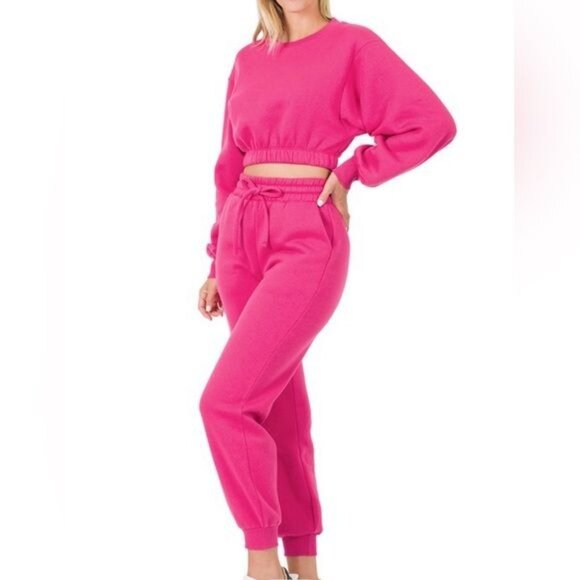 Zenana 2 Pcs Crop Sweatshirt Tracksuit High Waist Jogger Set Active Hot Pink - Picture 12 of 12